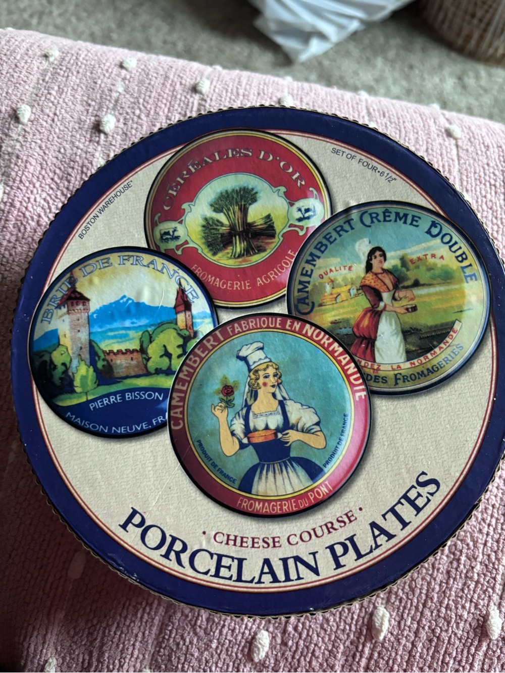 Pier 1 Porcelain Cheese Plates Tin - Blue, Red, Cream
